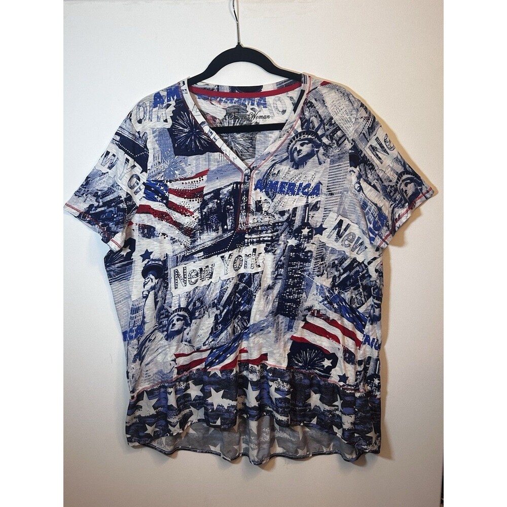 Unique Woman 2X Patriotic Stars Graphic Tunic T-Shirt V-Neck Rhinestone Button - Picture 14 of 16